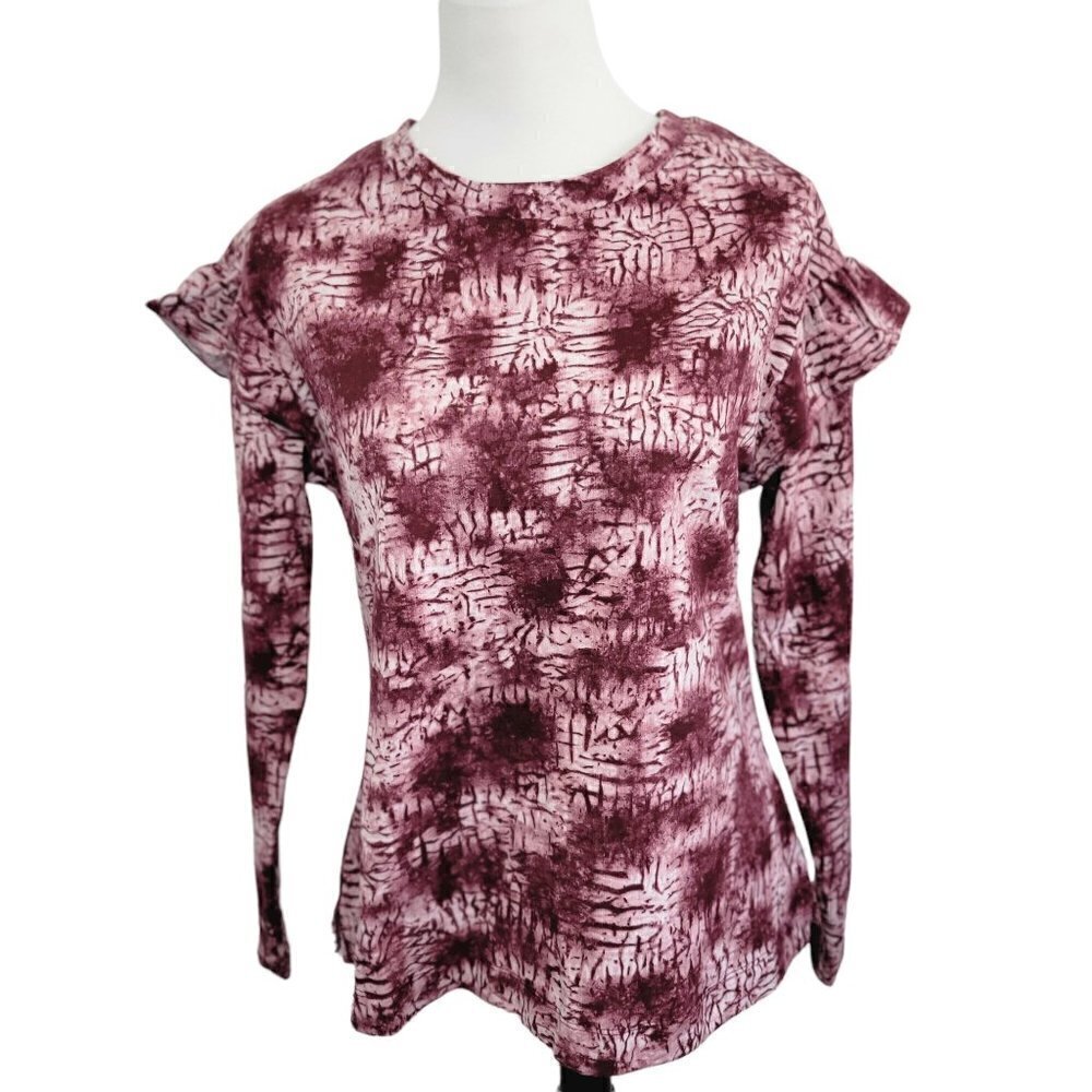Ellen Tracy Ruffle Shoulder Tie Dye Pullover Cotton Artsy Top Women Size S